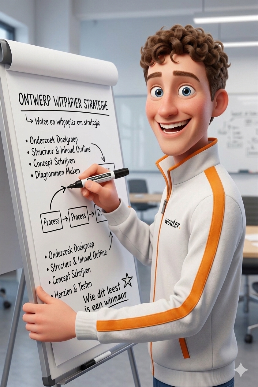 Wouter schrijft een strategie uit op een flipover